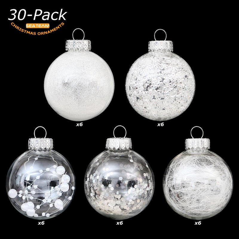 Sea Team Shatterproof Clear Plastic Christmas Ball Ornaments Decorative Xmas Balls Baubles Set with Stuffed Delicate Decorations (60mm/2.36 inch 30-Pack, White) - Image 2