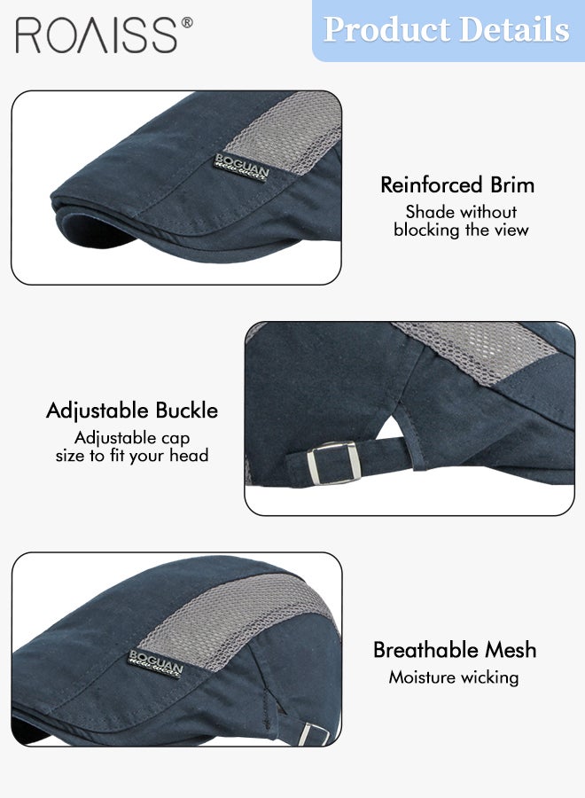 roaiss Adjustable Newsboy Cap for Men Vintage Beret Flat Cap Breathable Mesh Hat Mens Summer Cotton Hat Golf Fishing Hat (Navy Blue, One Size) - Image 5