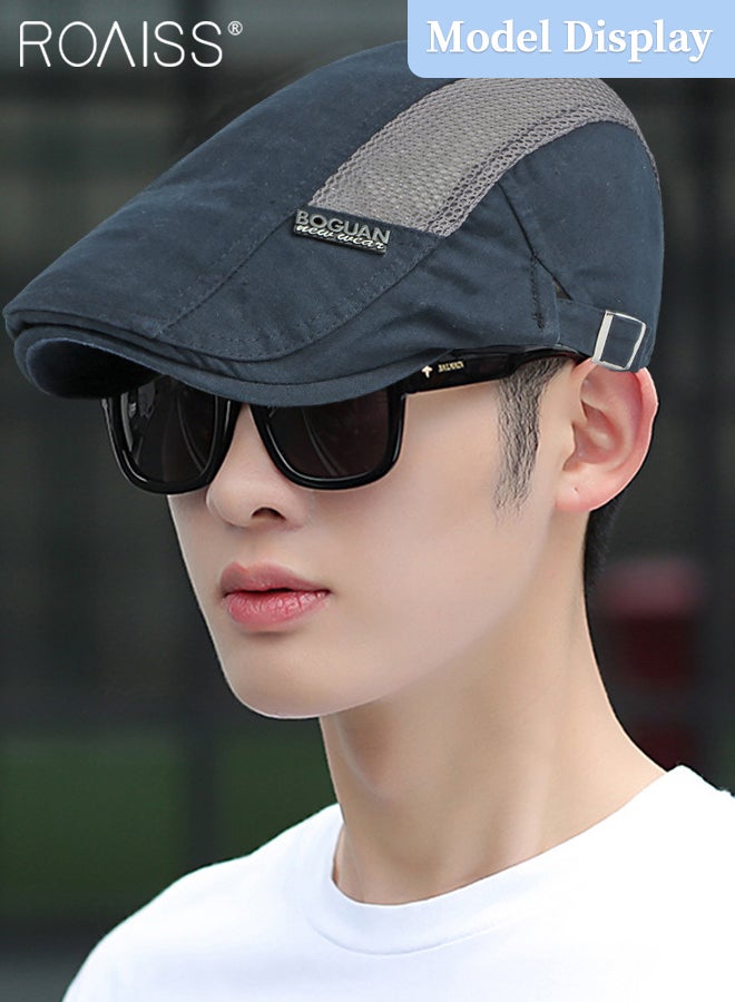roaiss Adjustable Newsboy Cap for Men Vintage Beret Flat Cap Breathable Mesh Hat Mens Summer Cotton Hat Golf Fishing Hat (Navy Blue, One Size) - Image 2