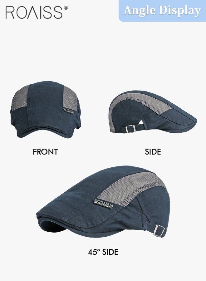 roaiss Adjustable Newsboy Cap for Men Vintage Beret Flat Cap Breathable Mesh Hat Mens Summer Cotton Hat Golf Fishing Hat (Navy Blue, One Size) - Image 4