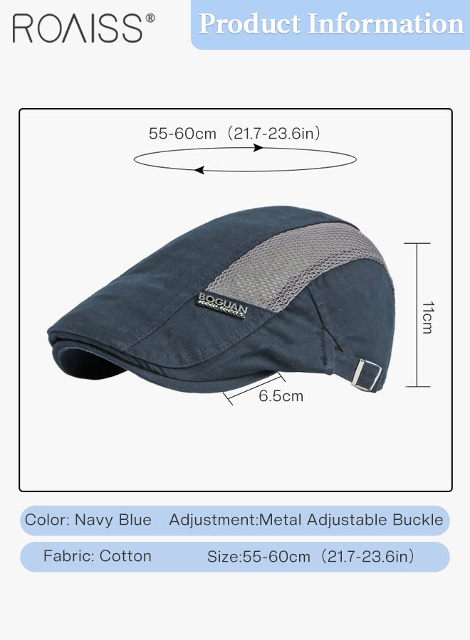 roaiss Adjustable Newsboy Cap for Men Vintage Beret Flat Cap Breathable Mesh Hat Mens Summer Cotton Hat Golf Fishing Hat (Navy Blue, One Size) - Image 3