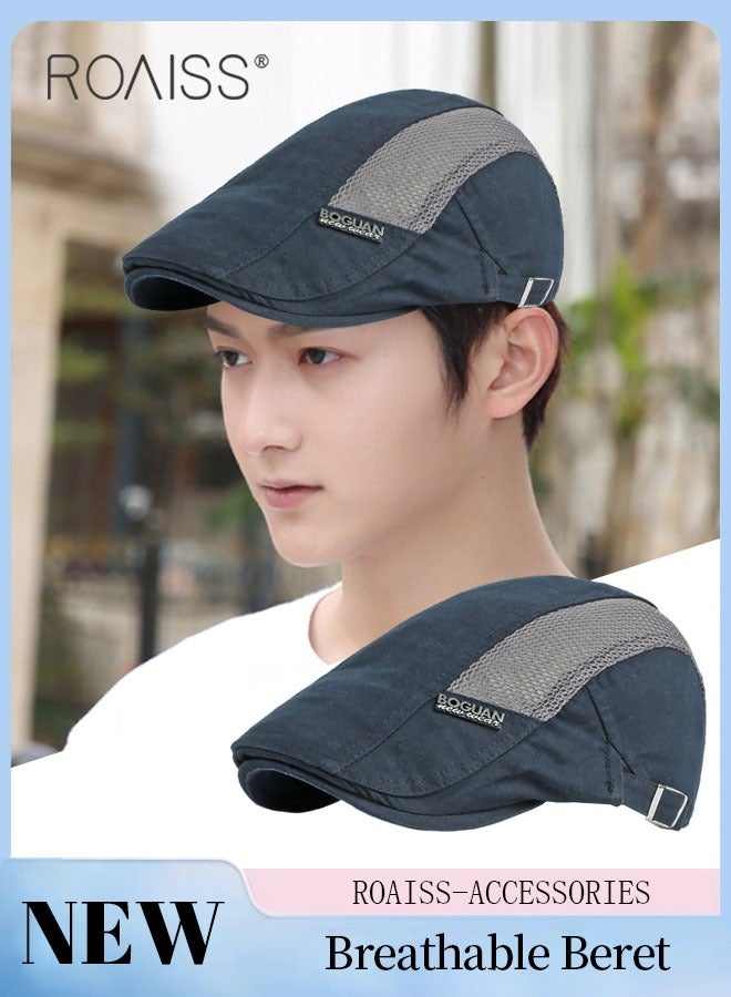 roaiss Adjustable Newsboy Cap for Men Vintage Beret Flat Cap Breathable Mesh Hat Mens Summer Cotton Hat Golf Fishing Hat (Navy Blue, One Size) - Image 1