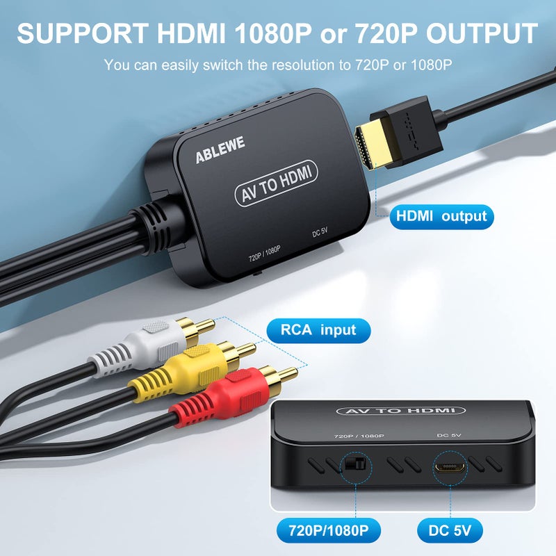 ABLEWE RCA to HDMI Converter, AV to HDMI Converter with RCA Cable & HDMI Cable Supports PAL/NTSC for Roku/VHS/VCR/Blue-Ray DVD Players - Image 3