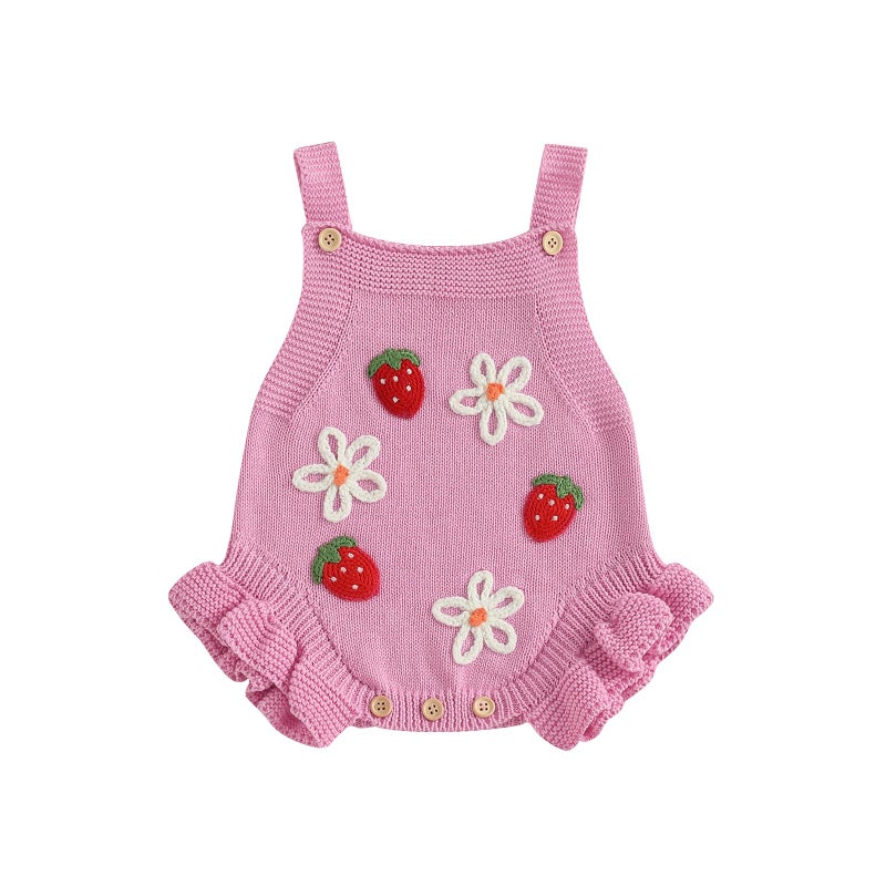 wybzd Newborn Sweater Romper Baby Girl Crochet Knit Sweaters Rompers Embroidery Flower Strawberry Outfit Sleeveless Bodysuit (Pink, 0-3 Months) - Image 1