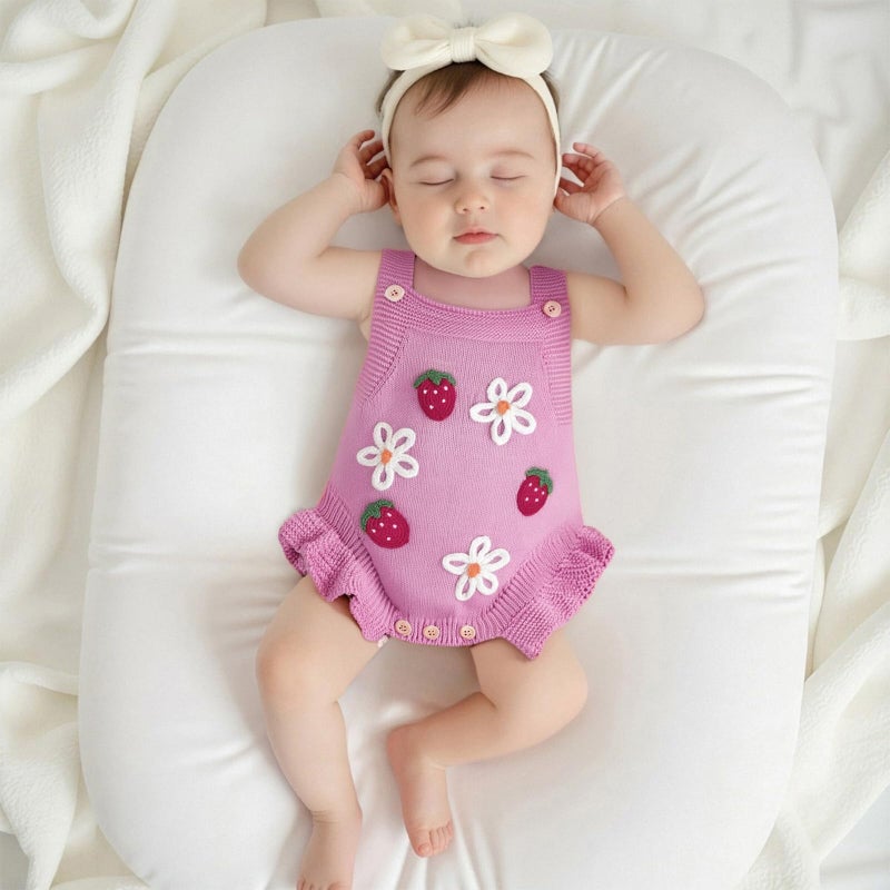 wybzd Newborn Sweater Romper Baby Girl Crochet Knit Sweaters Rompers Embroidery Flower Strawberry Outfit Sleeveless Bodysuit (Pink, 0-3 Months) - Image 2