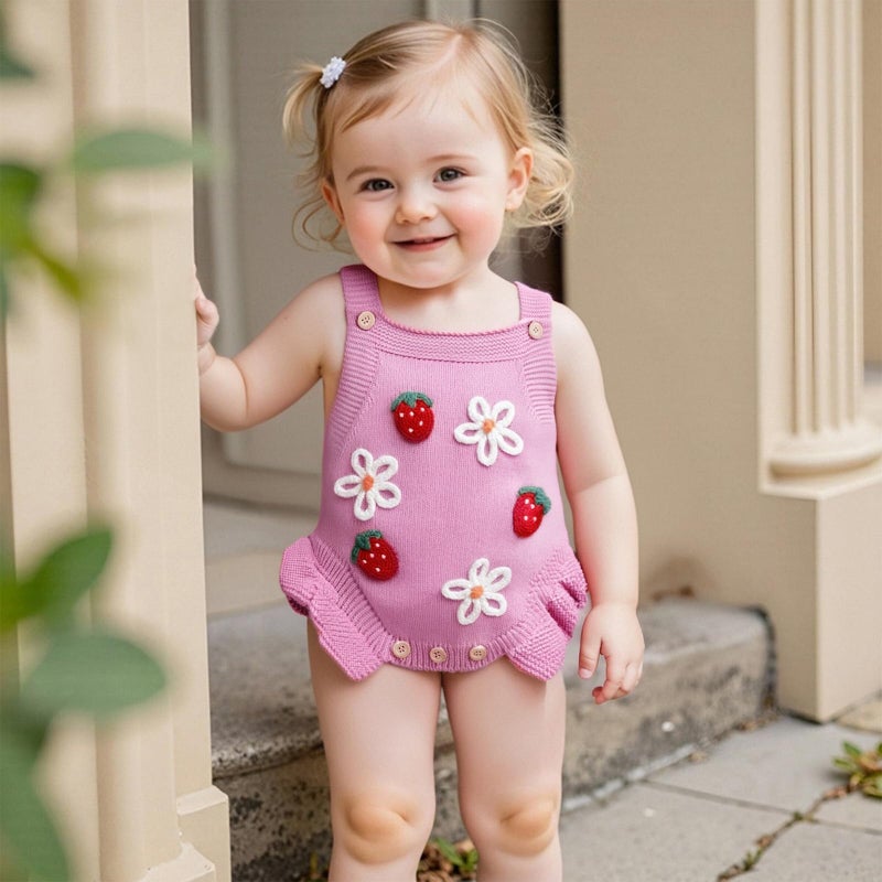 wybzd Newborn Sweater Romper Baby Girl Crochet Knit Sweaters Rompers Embroidery Flower Strawberry Outfit Sleeveless Bodysuit (Pink, 0-3 Months) - Image 3
