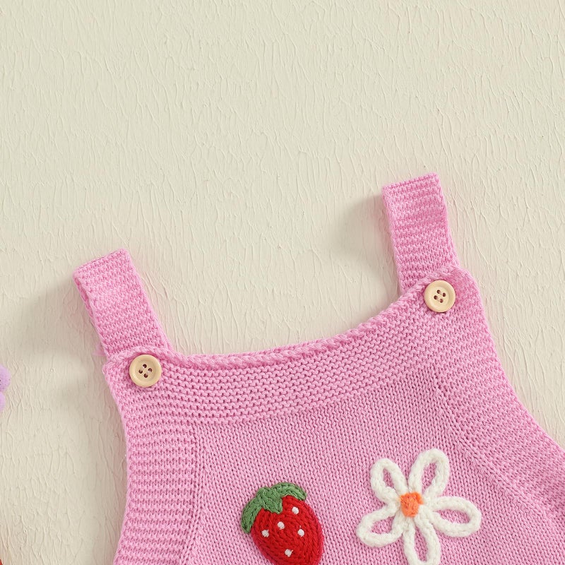 wybzd Newborn Sweater Romper Baby Girl Crochet Knit Sweaters Rompers Embroidery Flower Strawberry Outfit Sleeveless Bodysuit (Pink, 0-3 Months) - Image 5