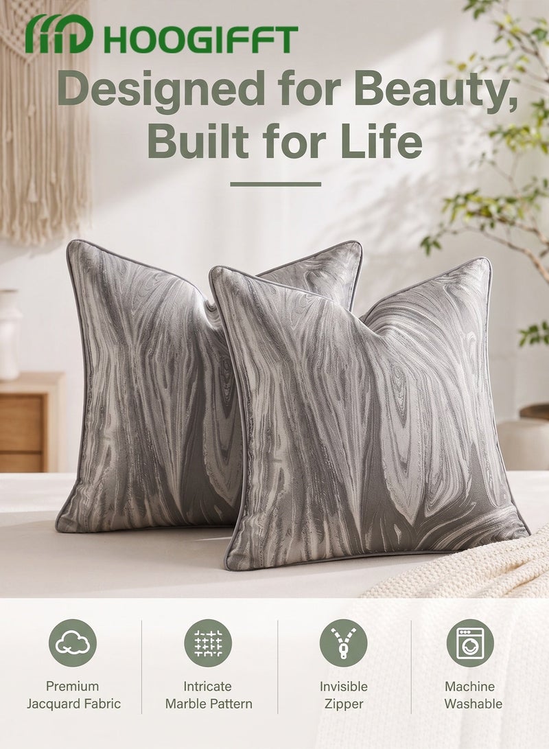 هوغيفت Cushion Covers Set of 2, Premium Marble Jacquard Luxury Grey Stone Texture Pillow Cases with Silk-Touch Back, Piped Edges, Invisible Zipper for Couch Sofa (Covers Only, 18x18) - Image 2