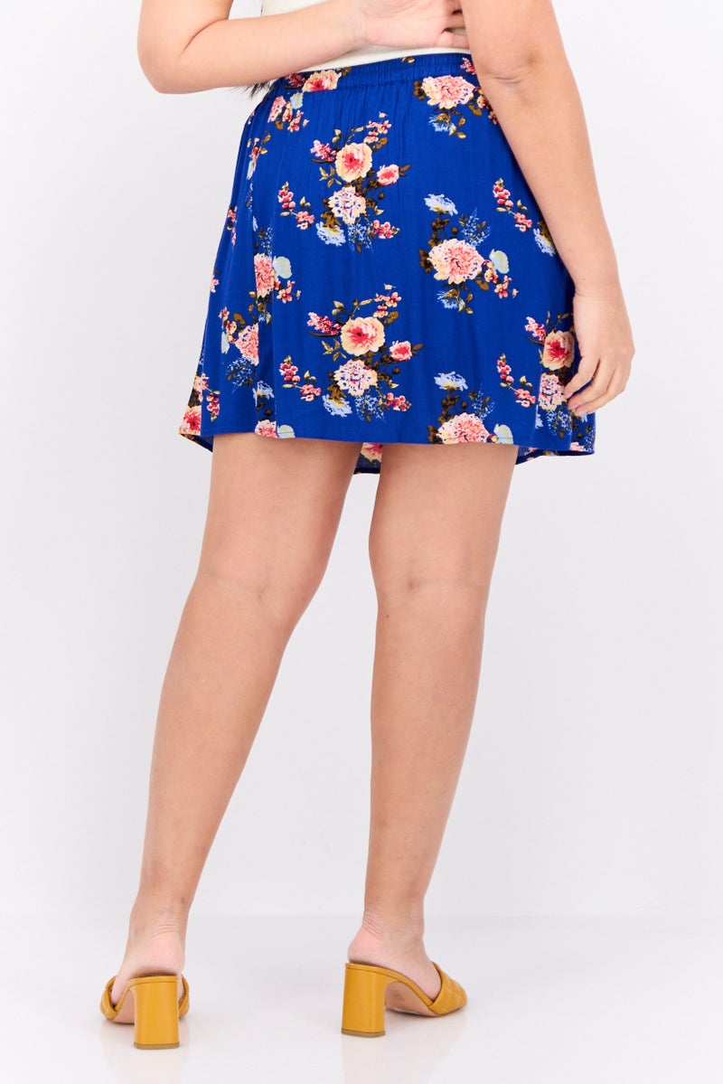Vila Women Floral Print Mini Skirts, Royal Blue - Image 3
