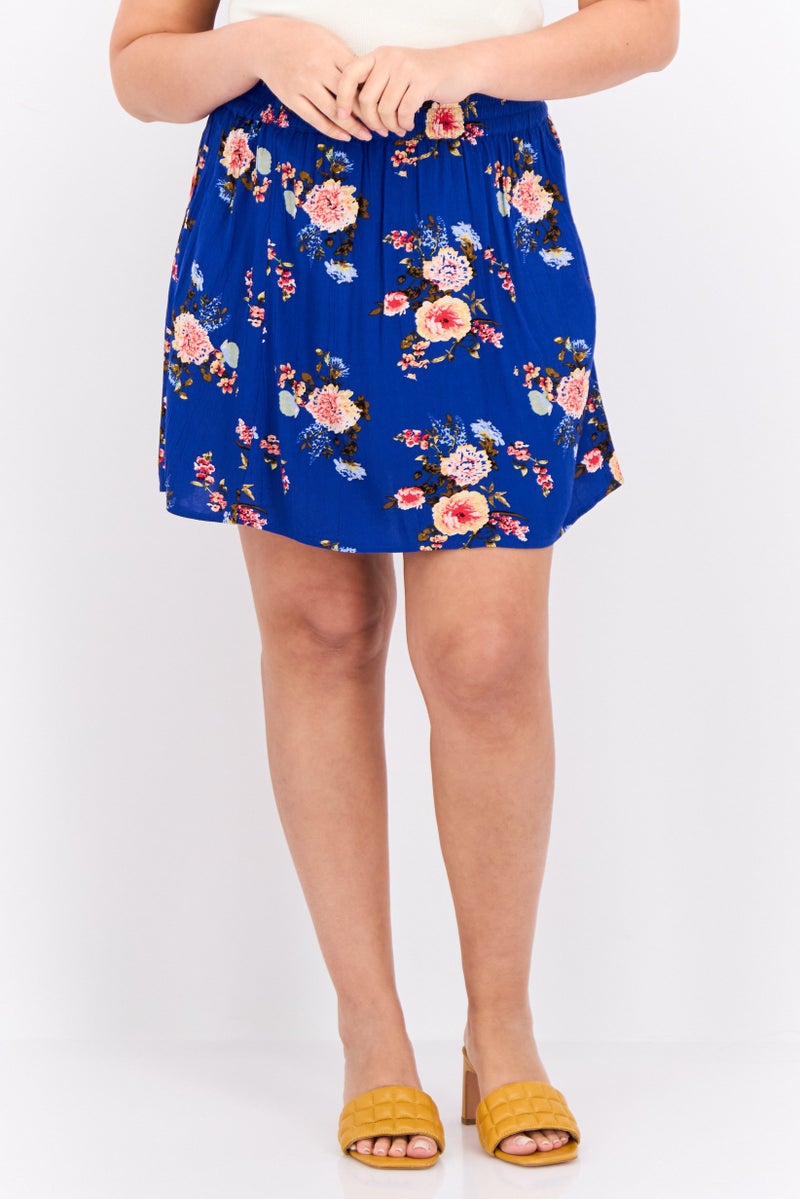 Vila Women Floral Print Mini Skirts, Royal Blue - Image 1