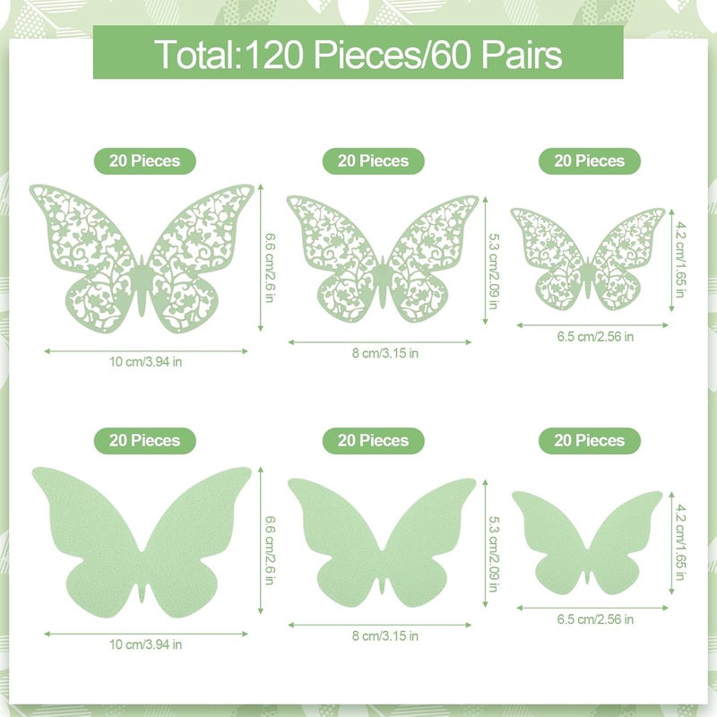Outus 120 Pieces Green 3D Layered Butterfly Wall Decor Removable Butterfly Stickers Hollow Mural Decals for Birthday Cake Decorations Crafts Bouquet Flower Arrangements - Image 3