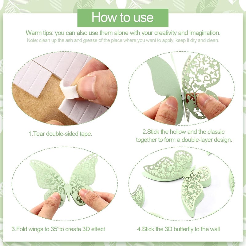 Outus 120 Pieces Green 3D Layered Butterfly Wall Decor Removable Butterfly Stickers Hollow Mural Decals for Birthday Cake Decorations Crafts Bouquet Flower Arrangements - Image 5