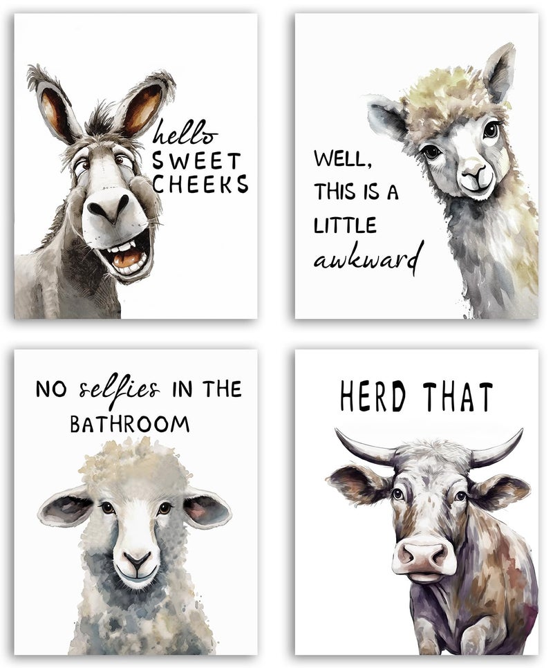 NIIORTY Funny Animal Wall Art Prints Bathroom Decor, Bathroom Quotes Wall Art, Watercolor Donkey Alpaca Sheep Cow Canvas Posters for Restroom Farmhouse Decor, Set of 4-8x10 inches Unframed - Image 1