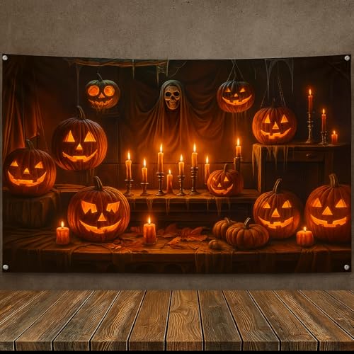 KatchOn XtraLarge Spooky Halloween Backdrop 72x44 Inch Pumpkin Halloween Decorations Indoor Outdoor Pumpkin Decor Scary Backdrop Spooky Decorations - Image 1