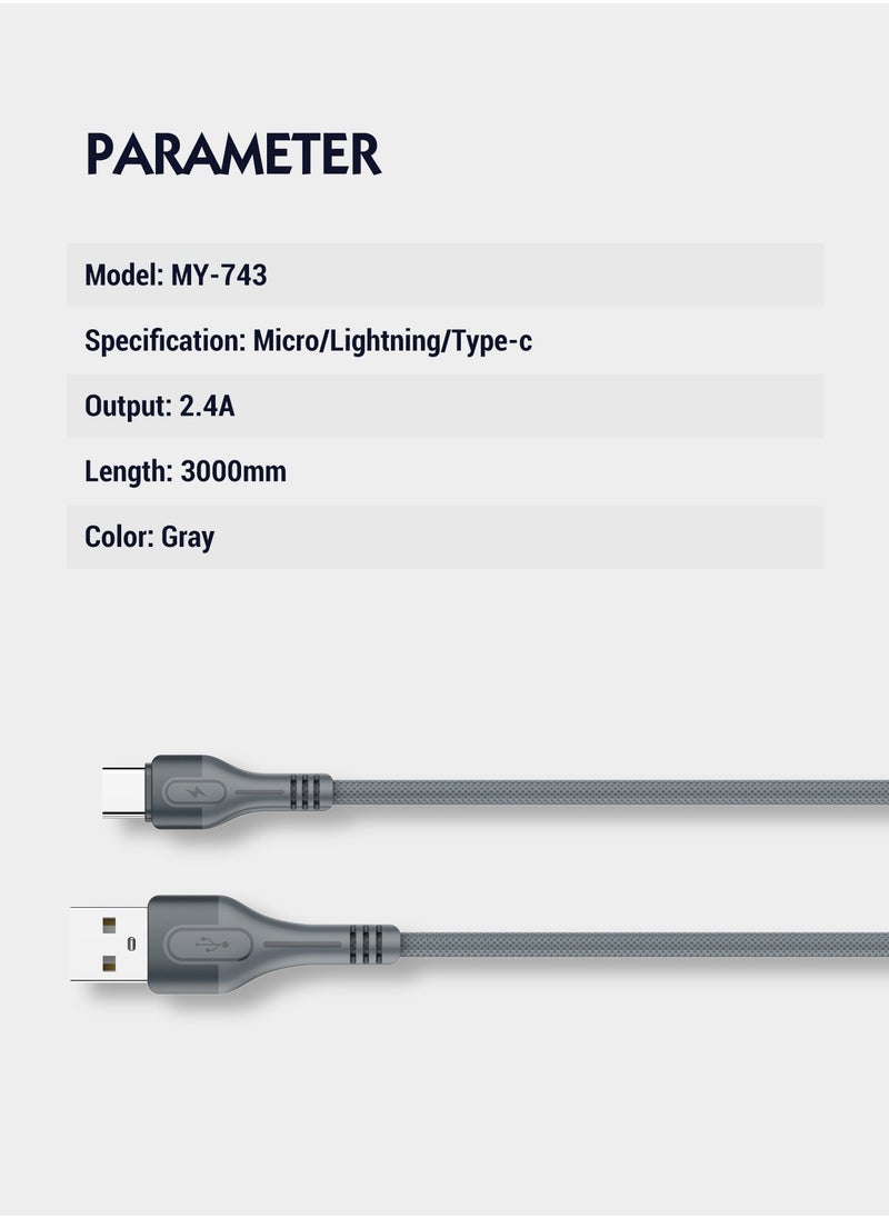 EMY - 3M Braided Type-C USB Charging Cable is Anti-Stretch and Supports Data Sync - Image 1