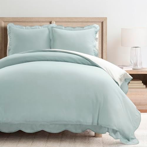 Lush Decor Coastal Chic Scalloped Edge Cotton Duvet Cover Set, 3 Piece Set, King, Blue & White - King Bedding Set - White Duvet Cover King - Coastal Decor - Image 2