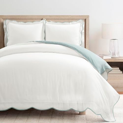 Lush Decor Coastal Chic Scalloped Edge Cotton Duvet Cover Set, 3 Piece Set, King, Blue & White - King Bedding Set - White Duvet Cover King - Coastal Decor - Image 1