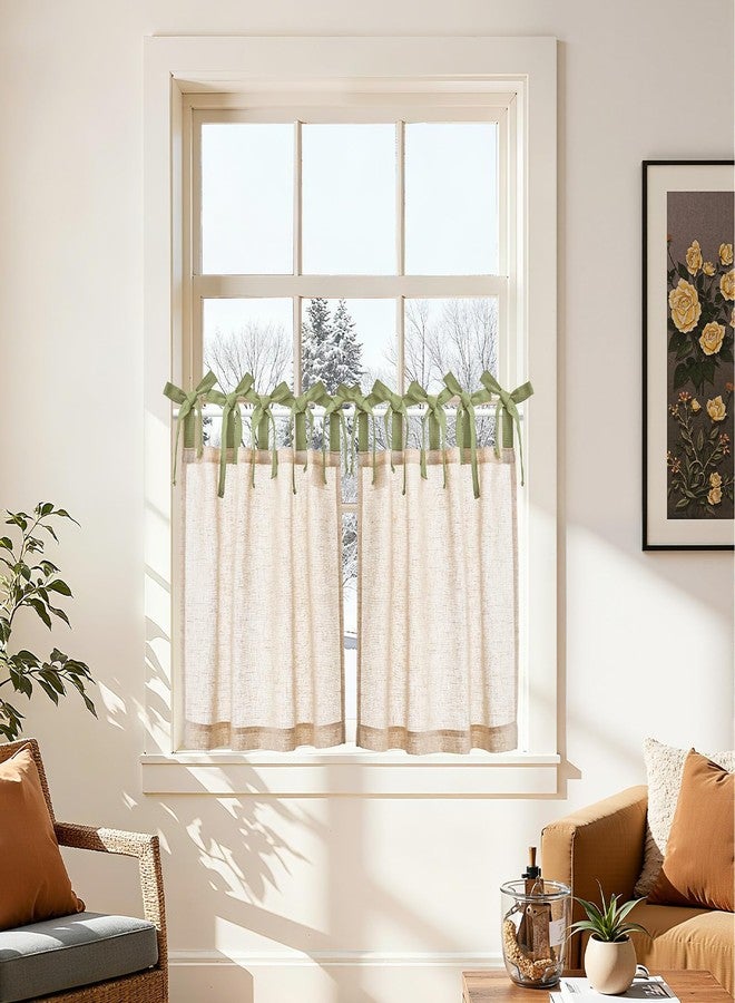 jinchan Linen Tie Top Curtains 24 Inch Length Farmhouse Cafe Curtains Set of 2 for Bedroom Bathroom Rustic Small Windows Light Filtering Crude Panels with Sage Green Ties - Image 5