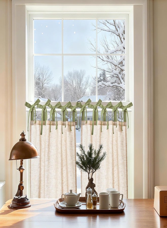 jinchan Linen Tie Top Curtains 24 Inch Length Farmhouse Cafe Curtains Set of 2 for Bedroom Bathroom Rustic Small Windows Light Filtering Crude Panels with Sage Green Ties - Image 1