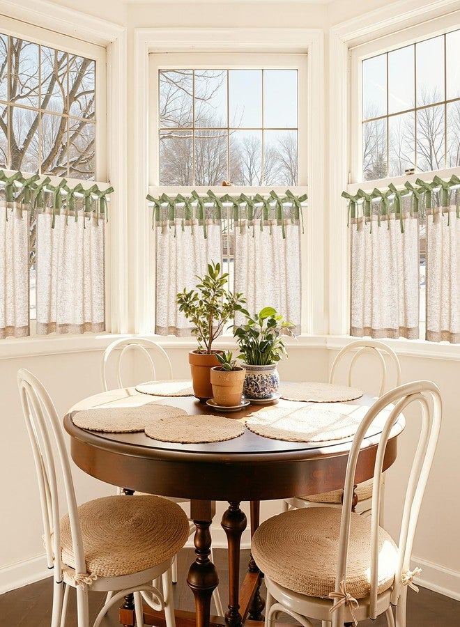 jinchan Linen Tie Top Curtains 24 Inch Length Farmhouse Cafe Curtains Set of 2 for Bedroom Bathroom Rustic Small Windows Light Filtering Crude Panels with Sage Green Ties - Image 3