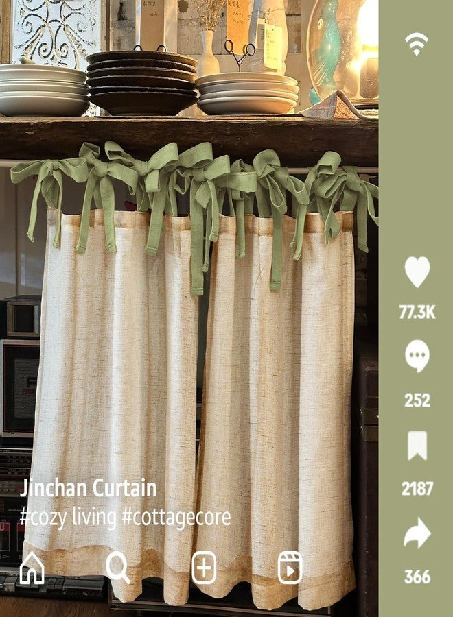 jinchan Linen Tie Top Curtains 24 Inch Length Farmhouse Cafe Curtains Set of 2 for Bedroom Bathroom Rustic Small Windows Light Filtering Crude Panels with Sage Green Ties - Image 2