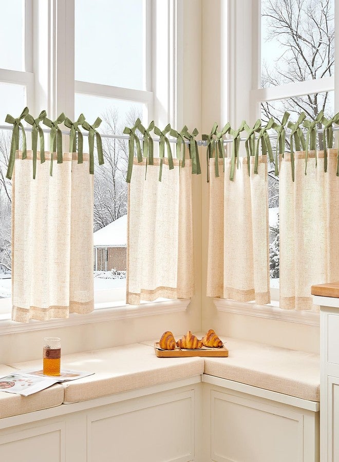 jinchan Linen Tie Top Curtains 24 Inch Length Farmhouse Cafe Curtains Set of 2 for Bedroom Bathroom Rustic Small Windows Light Filtering Crude Panels with Sage Green Ties - Image 4