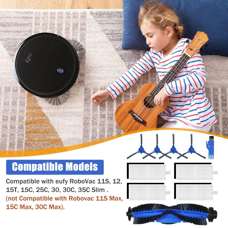 Replacement Parts Compatible with Eufy RoboVac 11S 30C Models - Main Roller Brush 4 Filters 4 Side Brushes Cleaning Tool for Optimal Performance Long-Term Use - Image 2