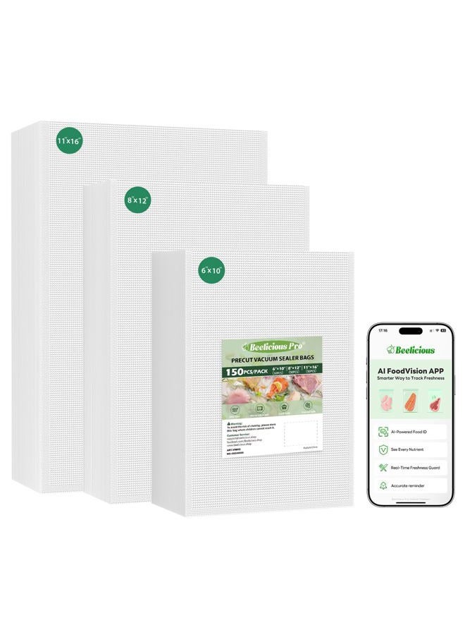 Beelicious Pro Vacuum Sealer Bags for Food Storage 150 Gallon 11" x 16" and Quart 8" x 12" and Pint 6" x 10", with BPA-Free, Commercial PreCut Vacuum Seal Bags for Sous Vide & Seal a Meal - Image 1