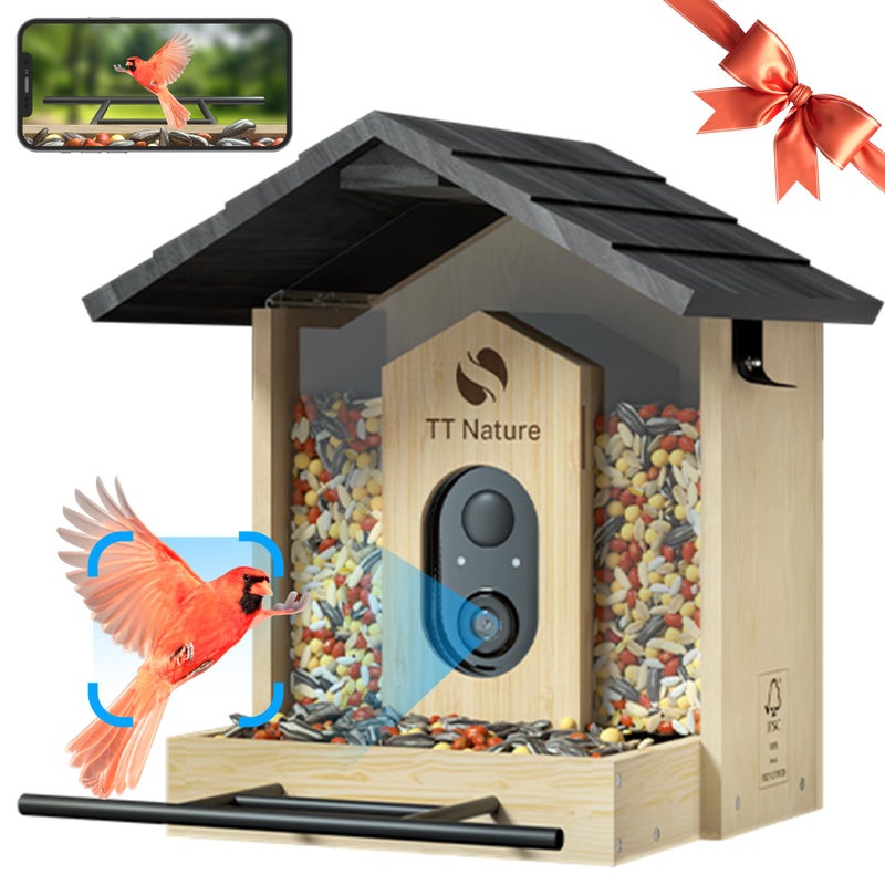 TT Nature Bird Feeder with Camera Upgraded 15L Smart Bird Feeder with AI Identify for 10000 Auto Capture Realtime Notifications Ideal Gift for Christmas Wooden Roof - Image 2