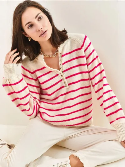 Bianco Lucci Button Collar Relaxed Fit Knit Sweater