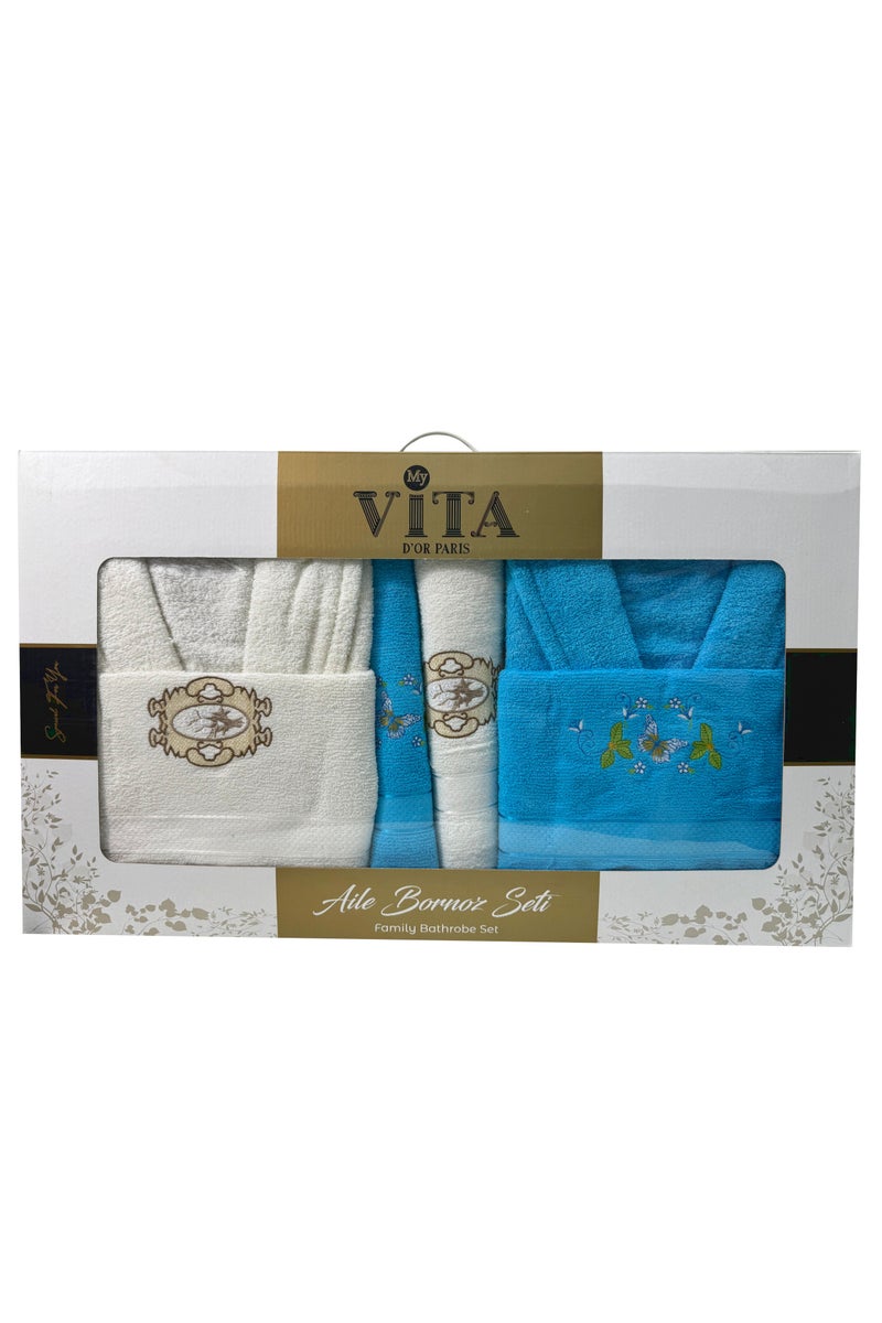My VITA 6-Piece Turkish Terry Cotton Family Bathrobe Set with Matching Bath Towels and Hand Towels in Gift Box Sky Blue/Off White  - Image 2