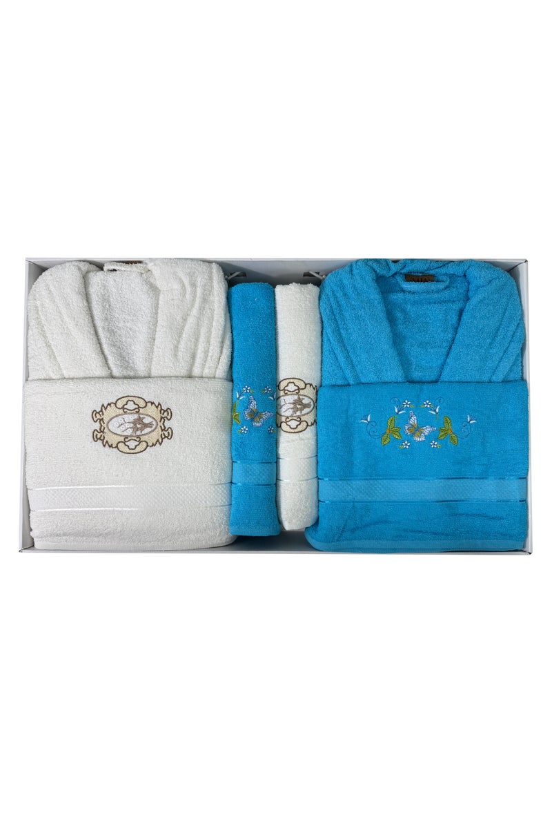 My VITA 6-Piece Turkish Terry Cotton Family Bathrobe Set with Matching Bath Towels and Hand Towels in Gift Box Sky Blue/Off White  - Image 3
