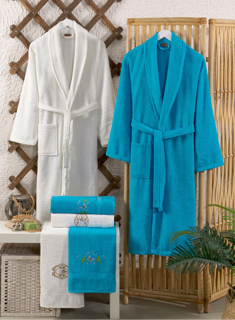 My VITA 6-Piece Turkish Terry Cotton Family Bathrobe Set with Matching Bath Towels and Hand Towels in Gift Box Sky Blue/Off White - Image 1