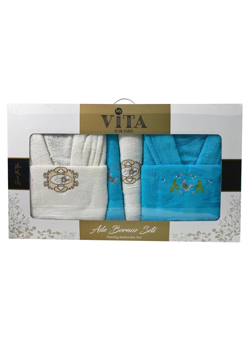 My VITA 6-Piece Turkish Terry Cotton Family Bathrobe Set with Matching Bath Towels and Hand Towels in Gift Box Sky Blue/Off White - Image 2