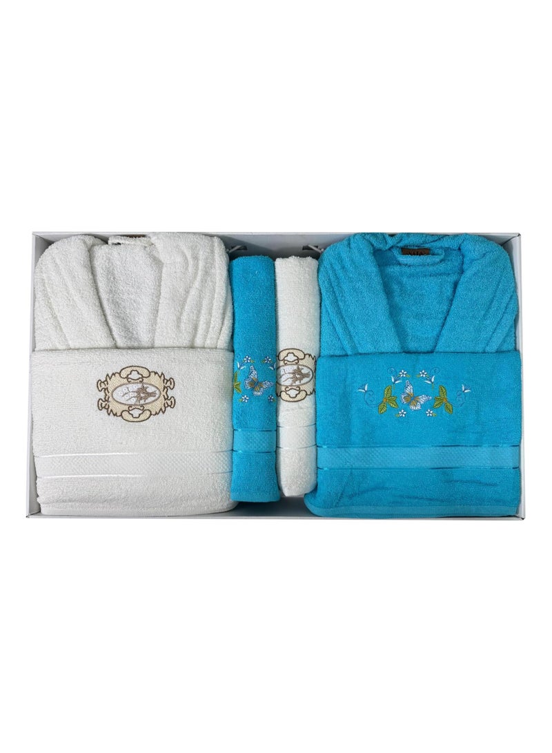 My VITA 6-Piece Turkish Terry Cotton Family Bathrobe Set with Matching Bath Towels and Hand Towels in Gift Box Sky Blue/Off White - Image 3