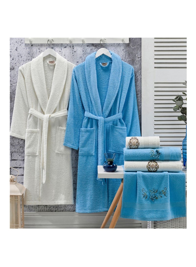My VITA 6-Piece Turkish Terry Cotton Family Bathrobe Set with Matching Bath Towels and Hand Towels in Gift Box Sky Blue/Off White  - Image 1