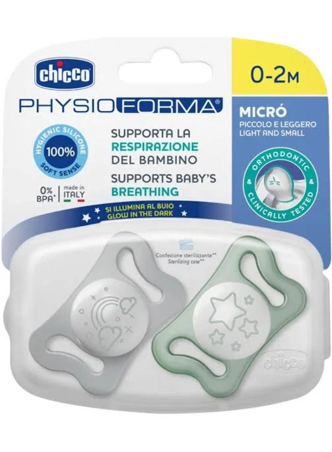 Chicco Physio Micrò Glow in the Dark Pacifier 0-2m Green/Grey x2 - Image 2