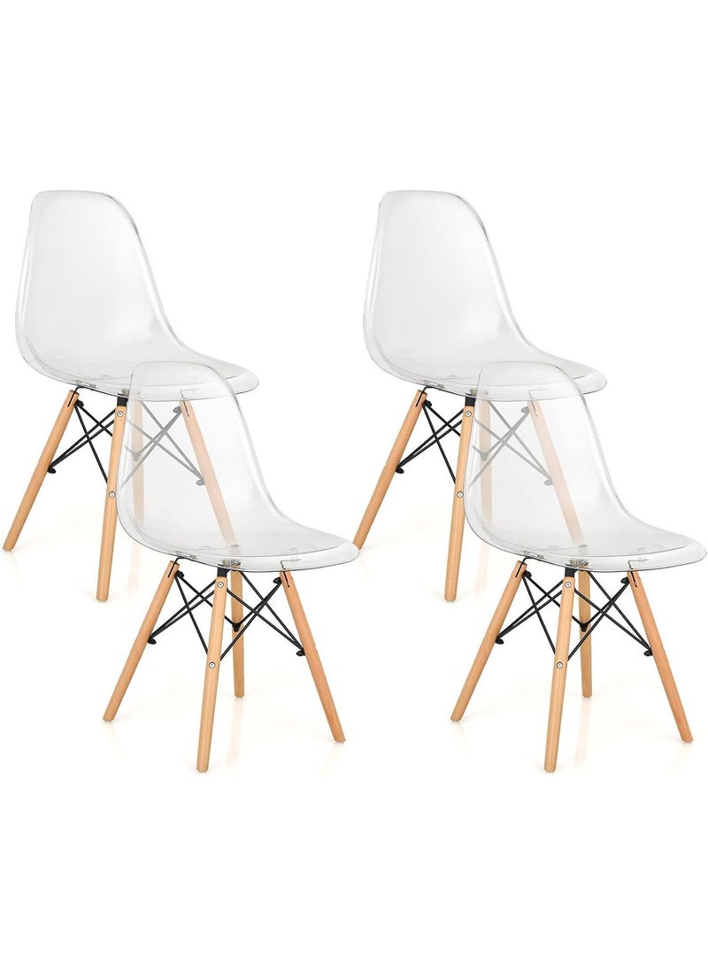 Taimi Set of 4 Modern Transparent Plast Style Plastic Dining Chair Mid Century Modern DSW Chair, Shell Lounge Plastic Chair with Natural Wooden Legs for Office, Kitchen, Dining, Bedroom, Living Room Side Chair Clear - Image 1