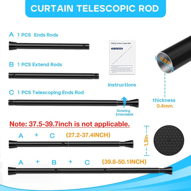 MEXAU 2 Pack Black Tension Curtain Rod for Windows 28 to 48 Inch,7/8"Small Shower Curtain Rod for Bathroom,Pressure Spring Tension Curtain Rod No Drilling for Closet Doorway Kitchen - Image 2