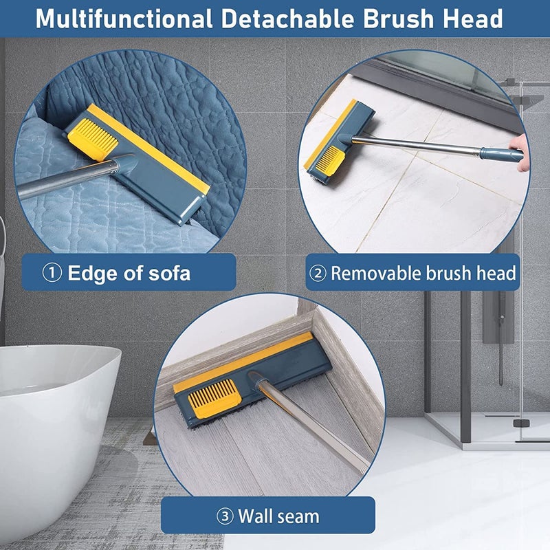 ONEFLESH 2-in-1 Multicolor Retractable Floor Brush for Bathroom Cleaning - Long Handle Grout Scrub Brush with Hair Cleaning Comb and Rubber Scraper - Image 2