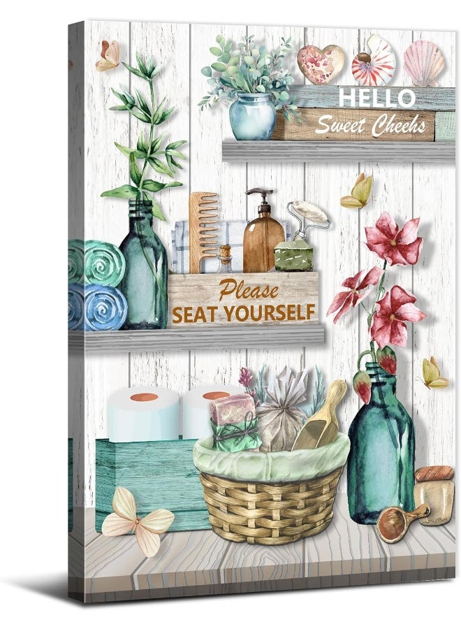 Home Trove Teal Bathroom Wall Decor Rustic Country Relax Soak Unwind Canvas Wall Art Bathroom Butterfly Flower Pictures Please Seat Yourself Poster Boho Botanical Plant Painting Artwork Home Decorations 12X16"  - Image 1