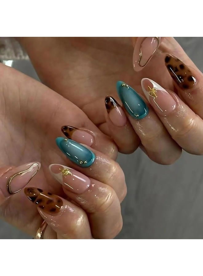 Hrnsnails Almond Fake Nails Medium Length Retro Leopard Design Acrylic False Nails for Women (30 Pcs) - Image 1