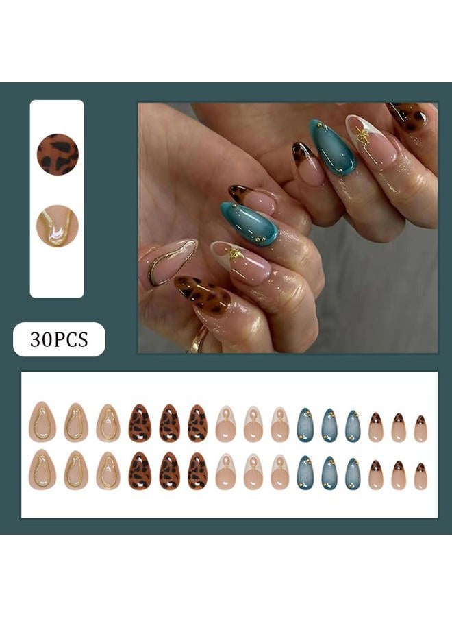 Hrnsnails Almond Fake Nails Medium Length Retro Leopard Design Acrylic False Nails for Women (30 Pcs) - Image 2