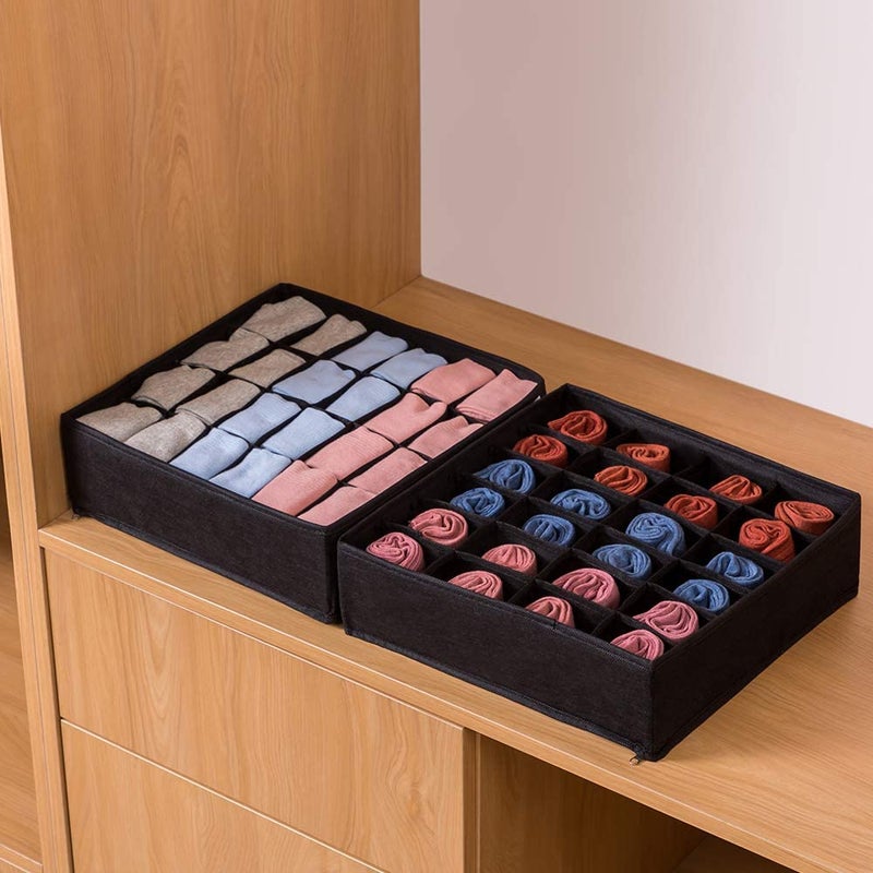 AR Mall AR Mall 2 Pack Sock Underwear Organizer with Linen Textured 24 Cell Collapsible Drawer Divider Closet Cabinet Storage Boxes for Storing Socks Lingerie Underwear Clothes Ties Belts BLACK - Image 4