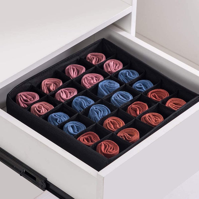 AR Mall AR Mall 2 Pack Sock Underwear Organizer with Linen Textured 24 Cell Collapsible Drawer Divider Closet Cabinet Storage Boxes for Storing Socks Lingerie Underwear Clothes Ties Belts BLACK - Image 3
