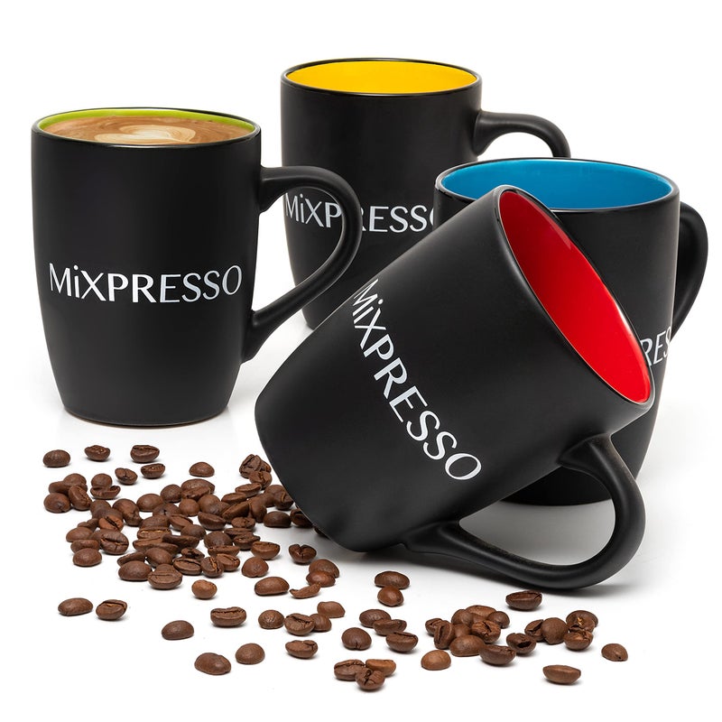 Mixpresso 4 Piece Mug Set 16 Oz Coffee Mugs with Large Handle For Hot or Cold Drinks Colorful Ceramic Coffee Mug Set For Coffee Tea Cappuccino Milk Cocoa Cereal Black and Colors Mugs