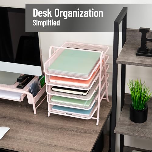 Mind Reader 5-Tier Paper Tray Organizer, Vertical Desktop File Storage Rack, Office, Metal Mesh, Pink - Image 2