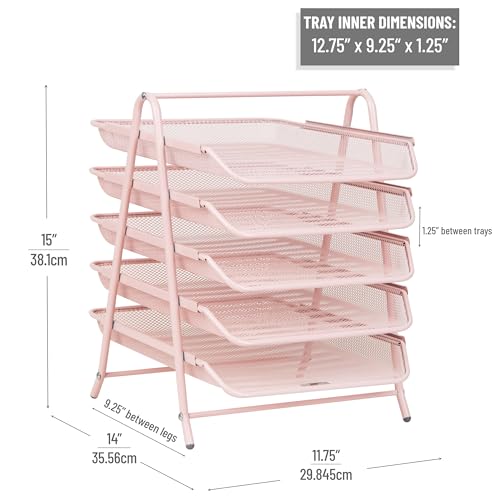 Mind Reader 5-Tier Paper Tray Organizer, Vertical Desktop File Storage Rack, Office, Metal Mesh, Pink - Image 3