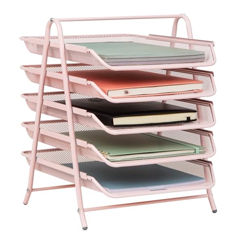 Mind Reader 5-Tier Paper Tray Organizer, Vertical Desktop File Storage Rack, Office, Metal Mesh, Pink - Image 1