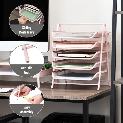 Mind Reader 5-Tier Paper Tray Organizer, Vertical Desktop File Storage Rack, Office, Metal Mesh, Pink - Image 4